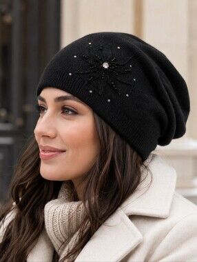 NWOT Black Wool Blend Slouchy Beanie Rhinestone Floral Embellished Hat